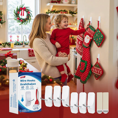 TAILI Hooks for Hanging,6 Wire Sticky Hooks and 8 Adhesive Strips, White Utility Hooks for Painted Wall, No Damage Heavy Duty Holds up to 3 lb, Removable & Reusable for Door, Dorm, Clothes, Kitchen