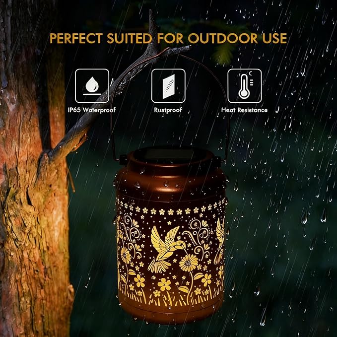 2 Pack Solar Lanterns Outdoor Garden Decor- Solar Lights Waterproof Hummingbird Decorative Gifts for Women Mom Grandma Hanging Metal Lights Gardening Gift for Outside for Yard, Patio, Backyard, Farm