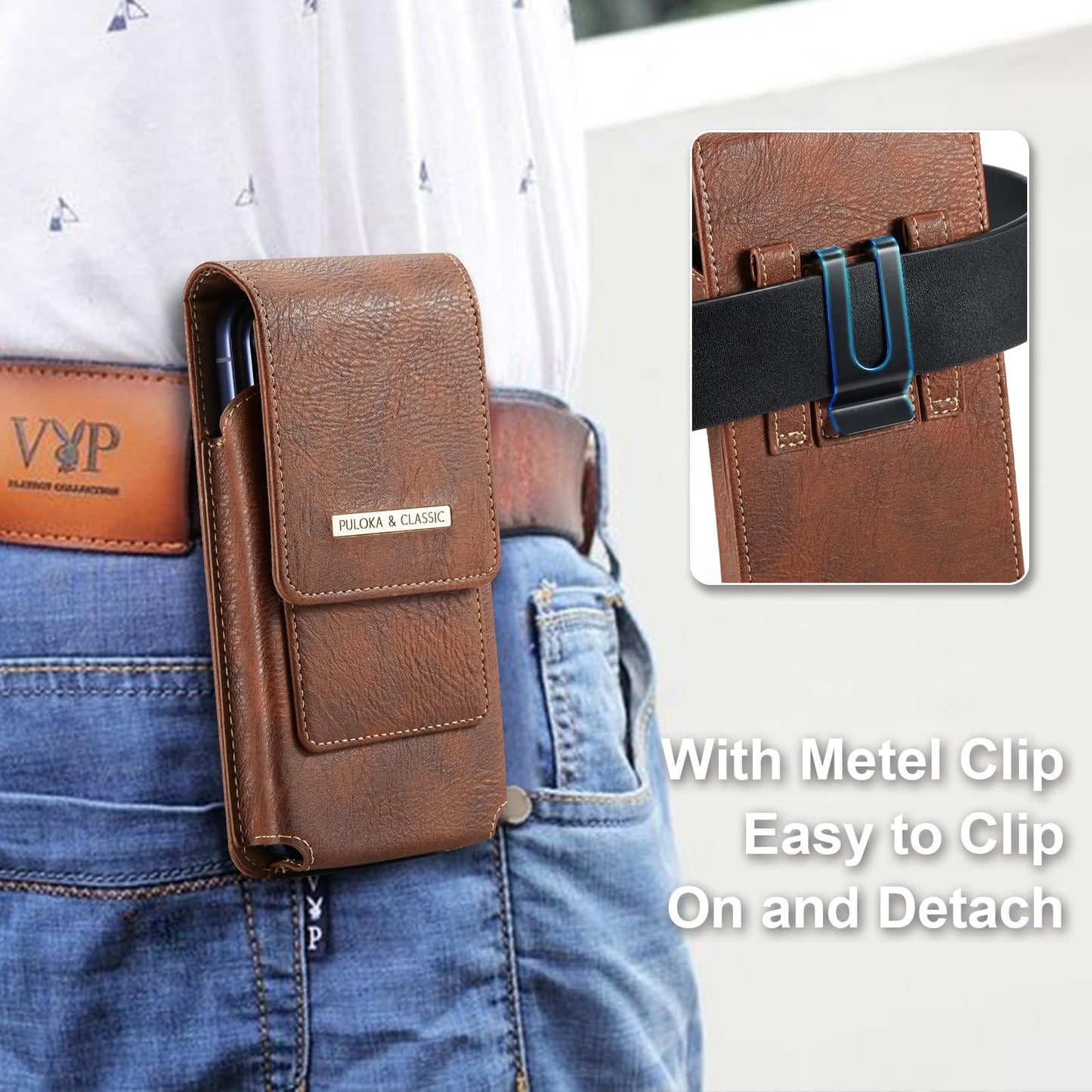Phone Holster with Belt Clip for iPhone 17/16/15/14/13/12 Pro Max & Plus, Galaxy S26/S25/S24/S23 Ultra & Plus, Premium Leather Pouch with Card Holder, Magnetic Closure, Rugged Outdoor Case - L Brown