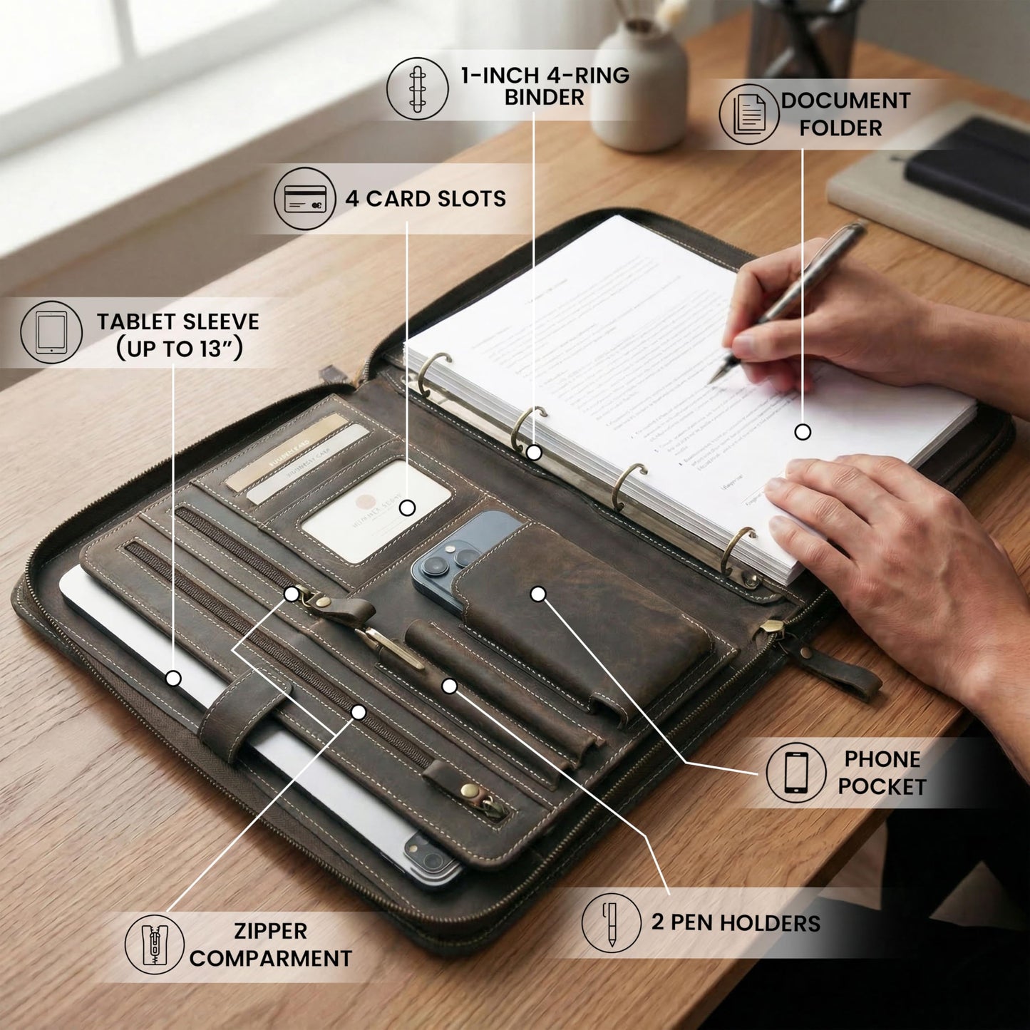 LEATHER VILLAGE Genuine Leather Zipper Portfolio Organizer - Professional Business 4 Ring Binder Padfolio Binder for Documents, Cards, iPad, Tablet, Phone, Resume Folder, Folio for Men & Women -Brown