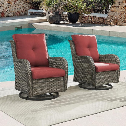 Rilyson Patio Chairs Rocking Swivel Chiar - 2 Piece Outdoor Wicker Furniture Chairs Set Rattan Rocker Chairs with High Back and Deep Seating for Outside Porch Deck Garden(Mixed Grey/Red)