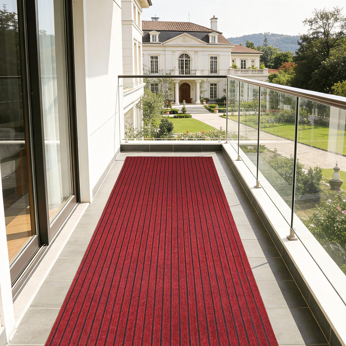 Stripe Runner Rug 3 x 15 ft Indoor Outdoor, Burgundy Non Slip Rubber Backing, Waterproof Low Profile Area Runner for Hallway, Entryway, Kitchen, Patio, Garage, Stairs & Laundry