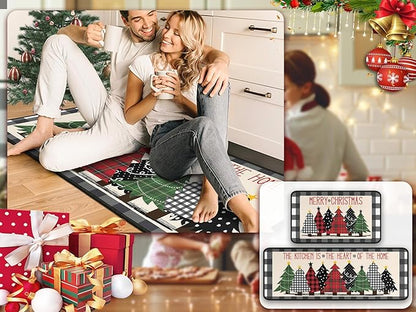 Buffalo Plaid Xmas Trees Merry Christmas Kitchen Rugs Set of 2, Christmas Indoor Floor Mats for Winter, Xmas Door Mat Runner Rug for Kitchen Home Decor 17"x47"+17"x30"