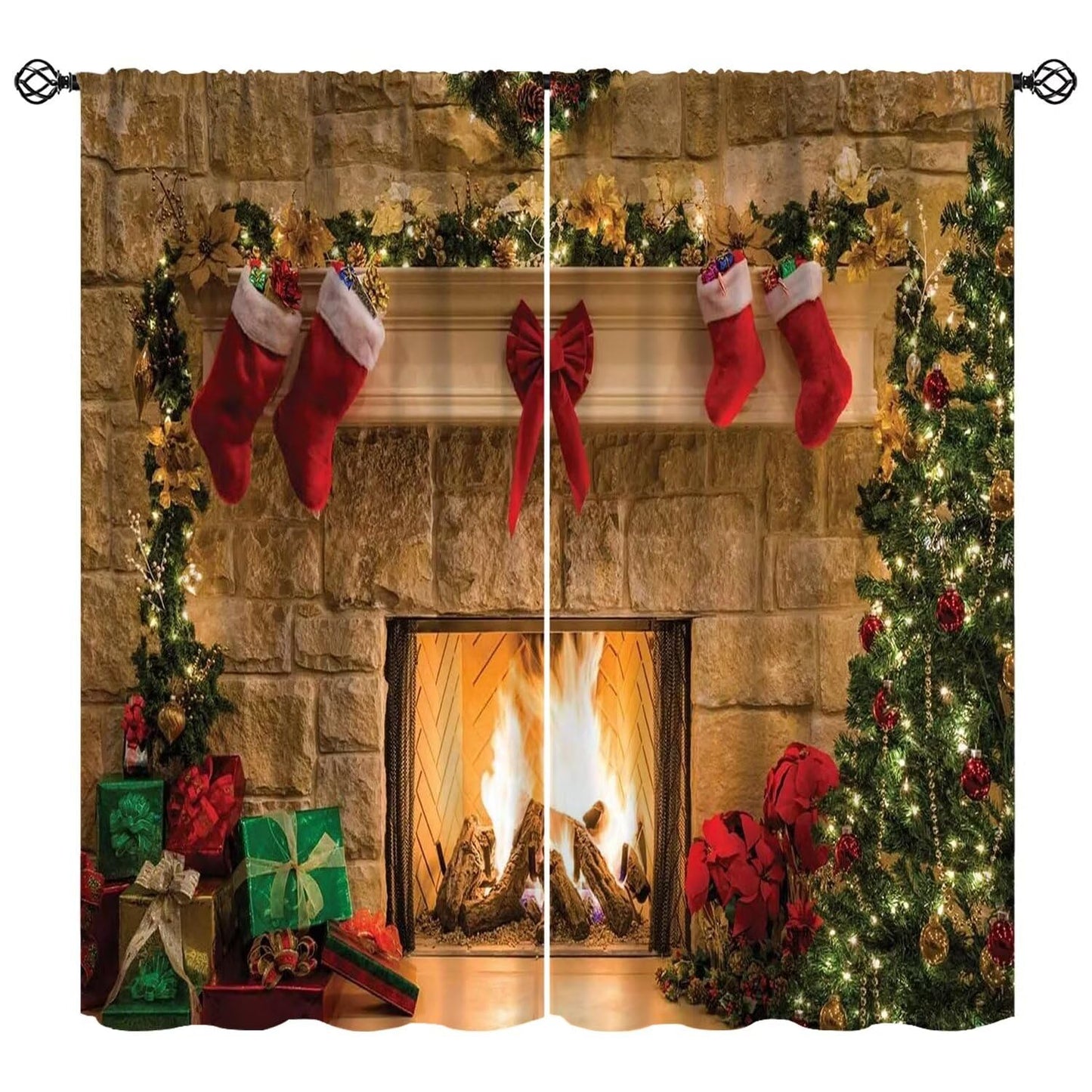 FengMingRui Merry Christmas Curtains Fireplace Christmas Socks Christmas Tree Window Treatment for Bedroom Living Room Decor Art Printed Window Drapes 42" W X 45" L