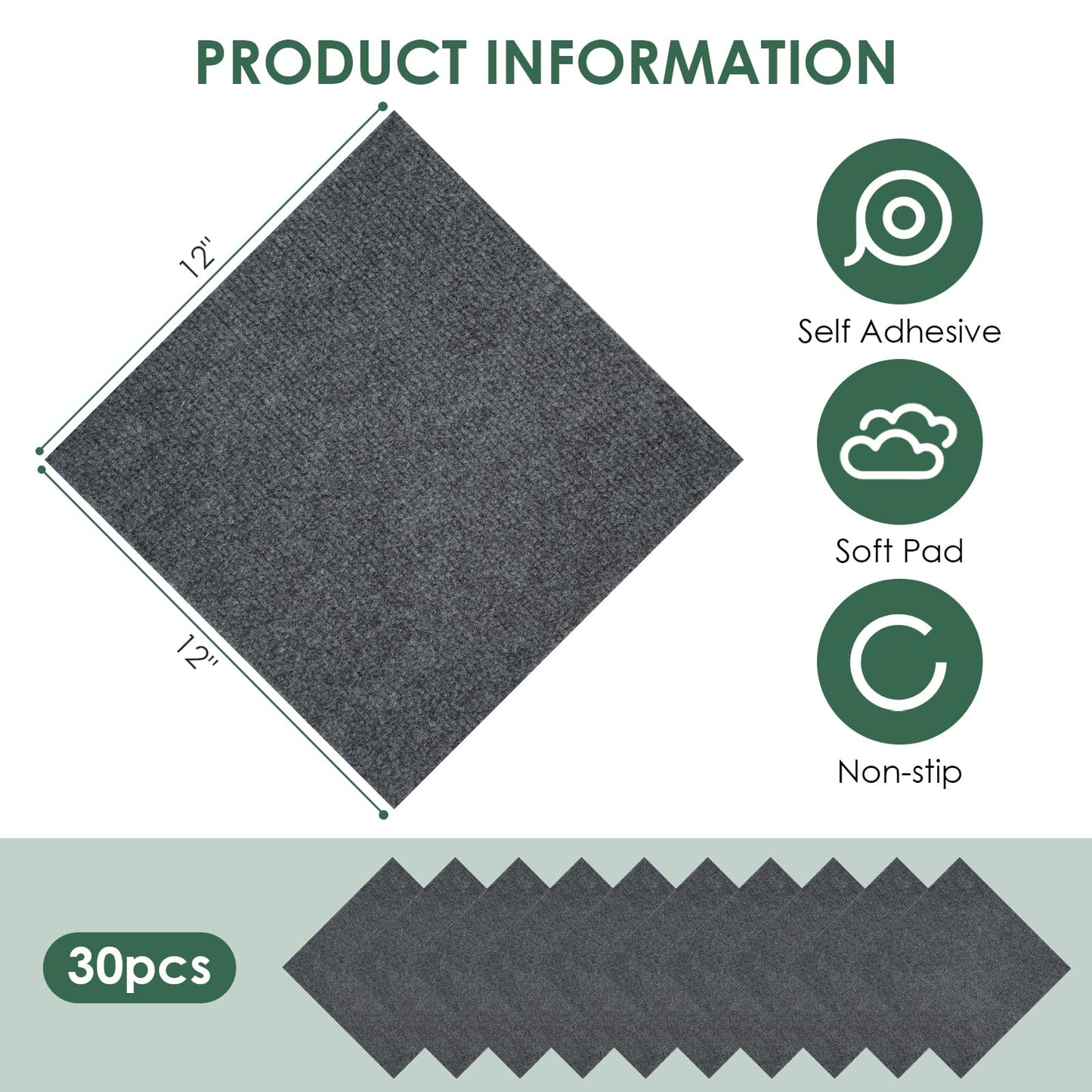 VallisCo 30 Pack Carpet Tile - 12” X 12” Self Adhesive Carpet Floor Tiles Anti-Slip Squares Peel and Stick Floor Tile DIY Installation for Bedroom (Dark Gray)