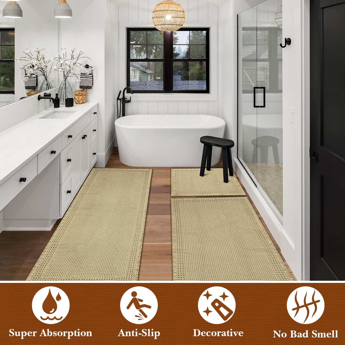 Waffle Bath Mat, Modern Woven Absorbent Non Slip Bathroom Rugs, Machine Washable Bath Rugs, Quick-Drying Bathroom Mats, Boho Tassel Style Suitable For Bathroom Floor, Brown, 24"X17"+36"X24"+48"X24"
