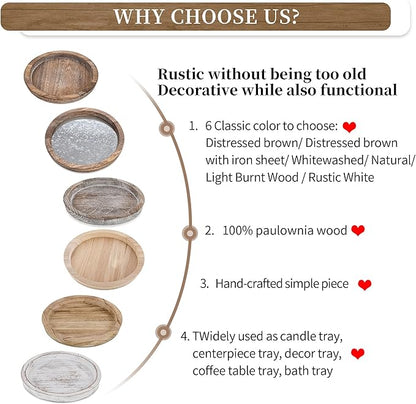 Hanobe Rustic Wooden Serving Tray: Round Wood Decorative Tray Rustic White Centerpiece Candle Holder Trays Farmhouse Ottoman Tray for Decor Kitchen Counter Home Decor for Coffee Table
