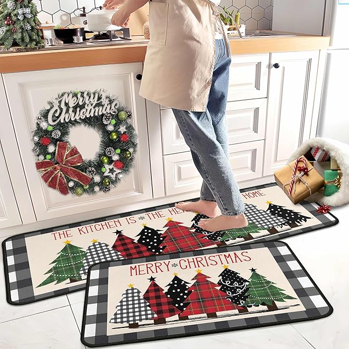 Buffalo Plaid Xmas Trees Merry Christmas Kitchen Rugs Set of 2, Christmas Indoor Floor Mats for Winter, Xmas Door Mat Runner Rug for Kitchen Home Decor 17"x47"+17"x30"