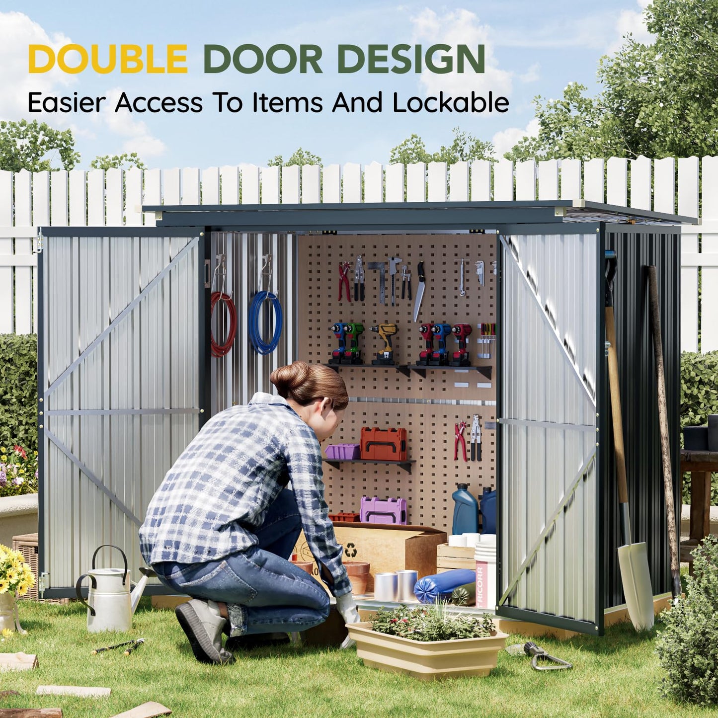 Grovellis Outdoor Trash Can Storage Shed 6x3 FT, Metal Garbage Bin Enclosure with Lift-Up Lid & Gas Strut, Lockable Double Doors, Sloped Roof Waterproof Steel Trash Can Cover for Backyard Patio Garden