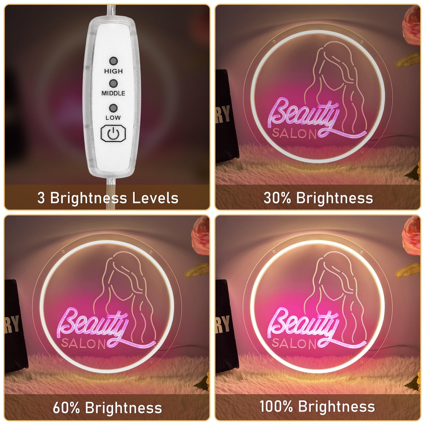 Beauty Salon Neon Sign Beauty LED Neon Light Dimmable USB Powered Adjustable Brightness Light up Sign for Spa Salon Nails Browing Waxing Room Decoration Festival Birthday Chritmas Gifts 35cm*35cm