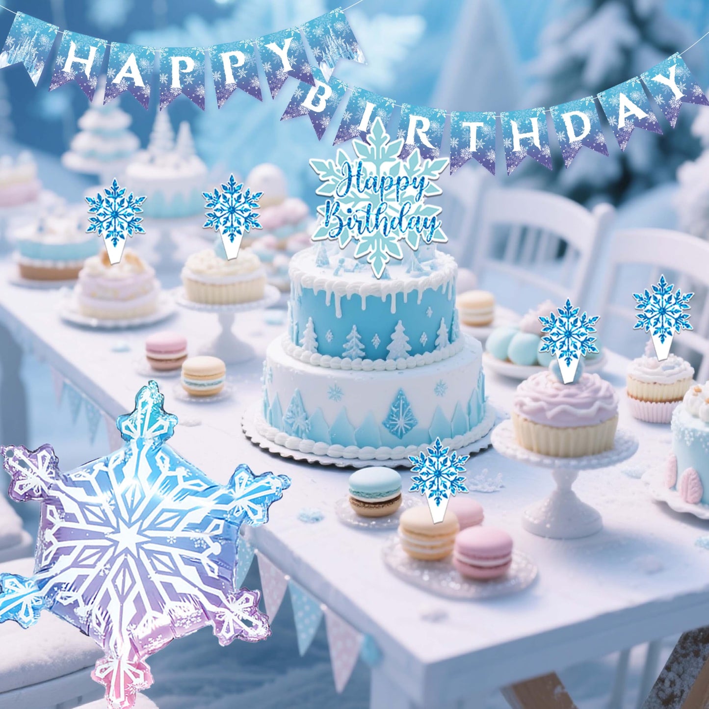 Frozen Birthday Decorations for Girls,Happy Birthday Banners,Blue Purple Balloon Arch Garland Kit,Party Decor Supplies,Foil Snowflake Balloons,Tablecloth