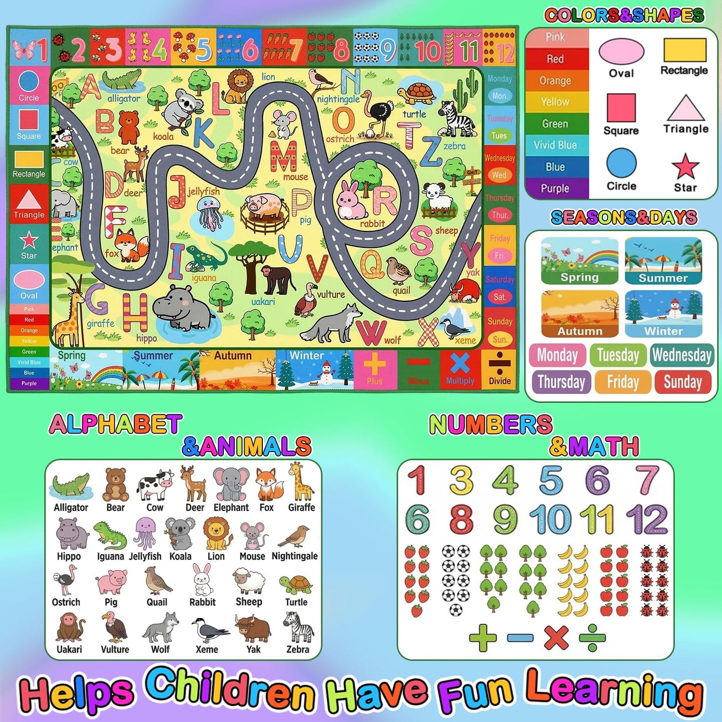 HBUFBUQ Educational ABC Area Rug 2.5x4 Feet Kids Rugs for Playroom Non Slip Alphabet Animals Numbers Shapes Floor Mat for Bedroom Nursery Classroom Boys Girls Learning Carpet