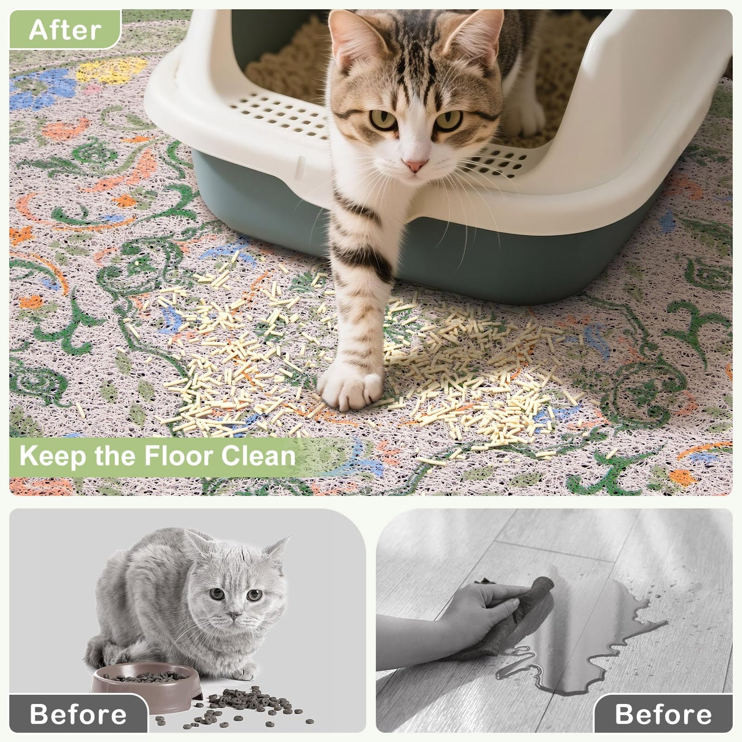 Bienbee Cat Litter Mat, 24" x 15" Litter Box Mat Rug with Non-Slip Bottom,Urine and Water Proof, Easy to Clean Cat Supplies Essentials for Indoor Kitty Kitten Floor, Bean-Green M