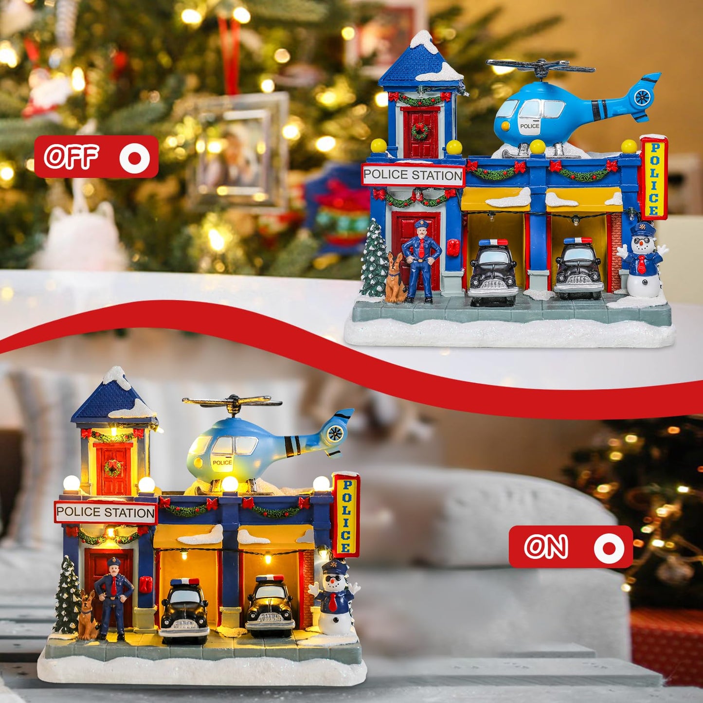 Vipush Christmas Village House Decorations Resin Police Station Home Decor Indoor Building Figurines Revolving Train with LED Light and 8 Christmas Music for Kids