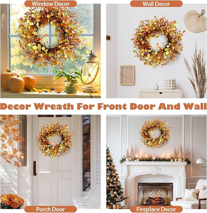 24 Inch Fall Wreath for Front Door Berry Autumn Wreath with Yellow and Orange Leaves, Large Grapevine Wreaths for Fall Door Decor Farmhouse Wall Window Home Decoration