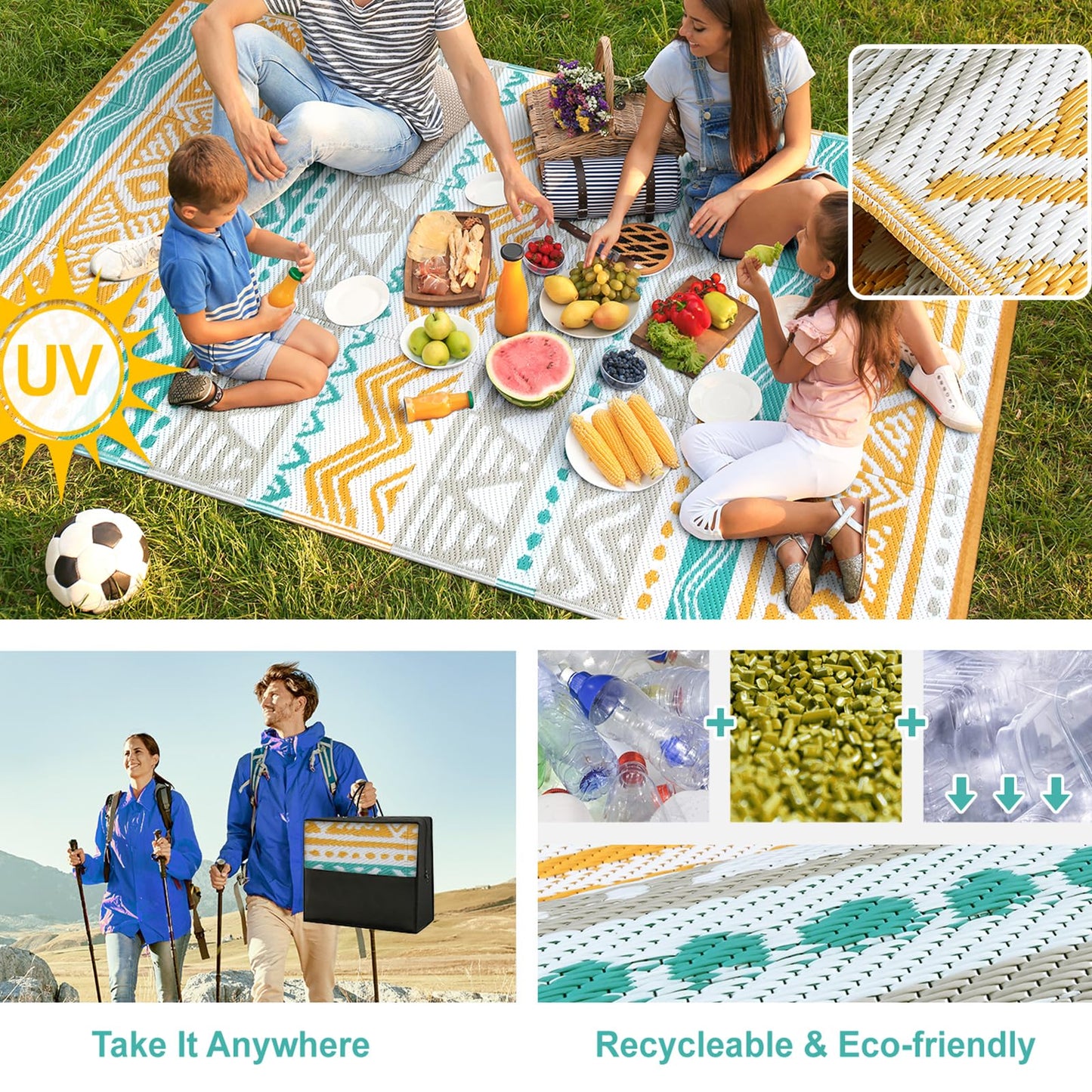 Lahome Waterproof Outdoor Rug 6x9, Reversible Outdoor Plastic Straw Rug for Camping, Large RV Outdoor Patio Rug, Outdoor Rugs Carpet for Porch Deck Backyard Balcony Picnic(Blue/Yellow,6'x 9')