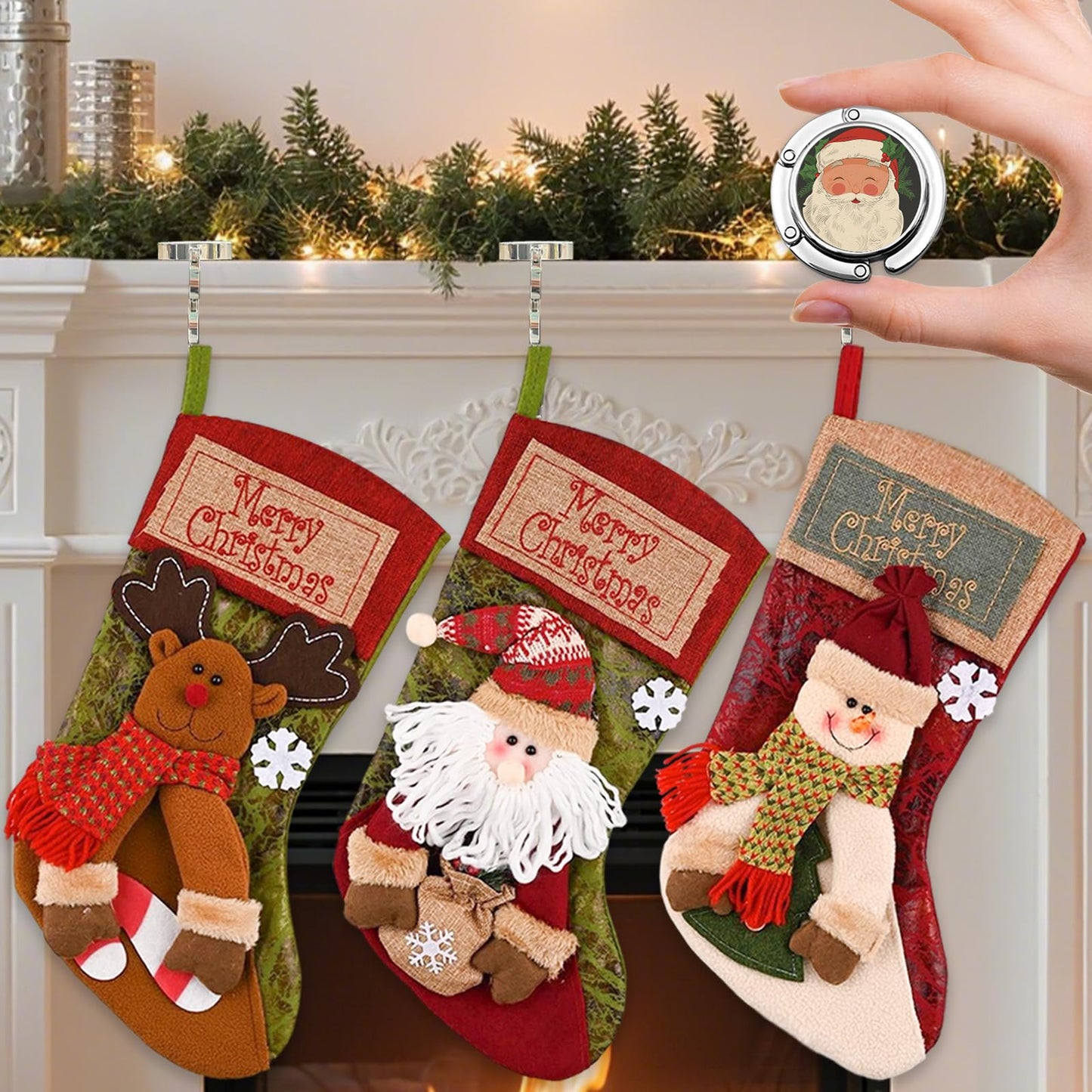 VVXKS 3 PCS Christmas Stockings Set, Large Classic Christmas Stockings with Holder, Stockings with 3D Santa, Snowman, Reindeer 3D Bulk Xmas Stockings for Fireplace Window Counter Party Decor 17"