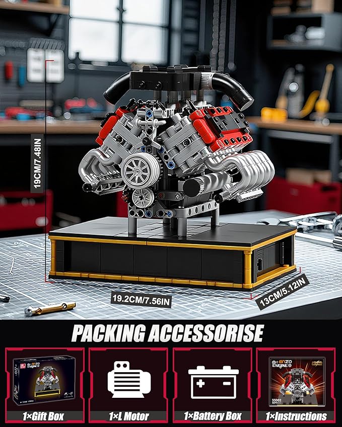 V8 Engine Building Set Build Your Own Mini V8 Model Engine Kit that Run with Battery and Motor 8-Cylinder Car Model Engine Building Toys for Adults Kids Age 14+ (1079PCS)