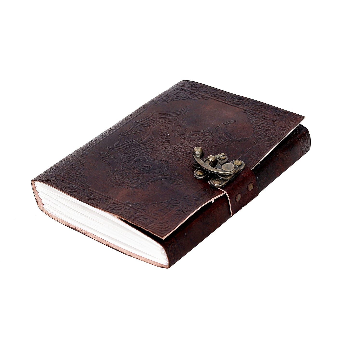 AzureGreen DOUBLE DRAGON Blank Page BOOK Handcrafted Leather Writing Unlined 5 x 7 JOURNAL (MEDIUM, Brown With Claps)