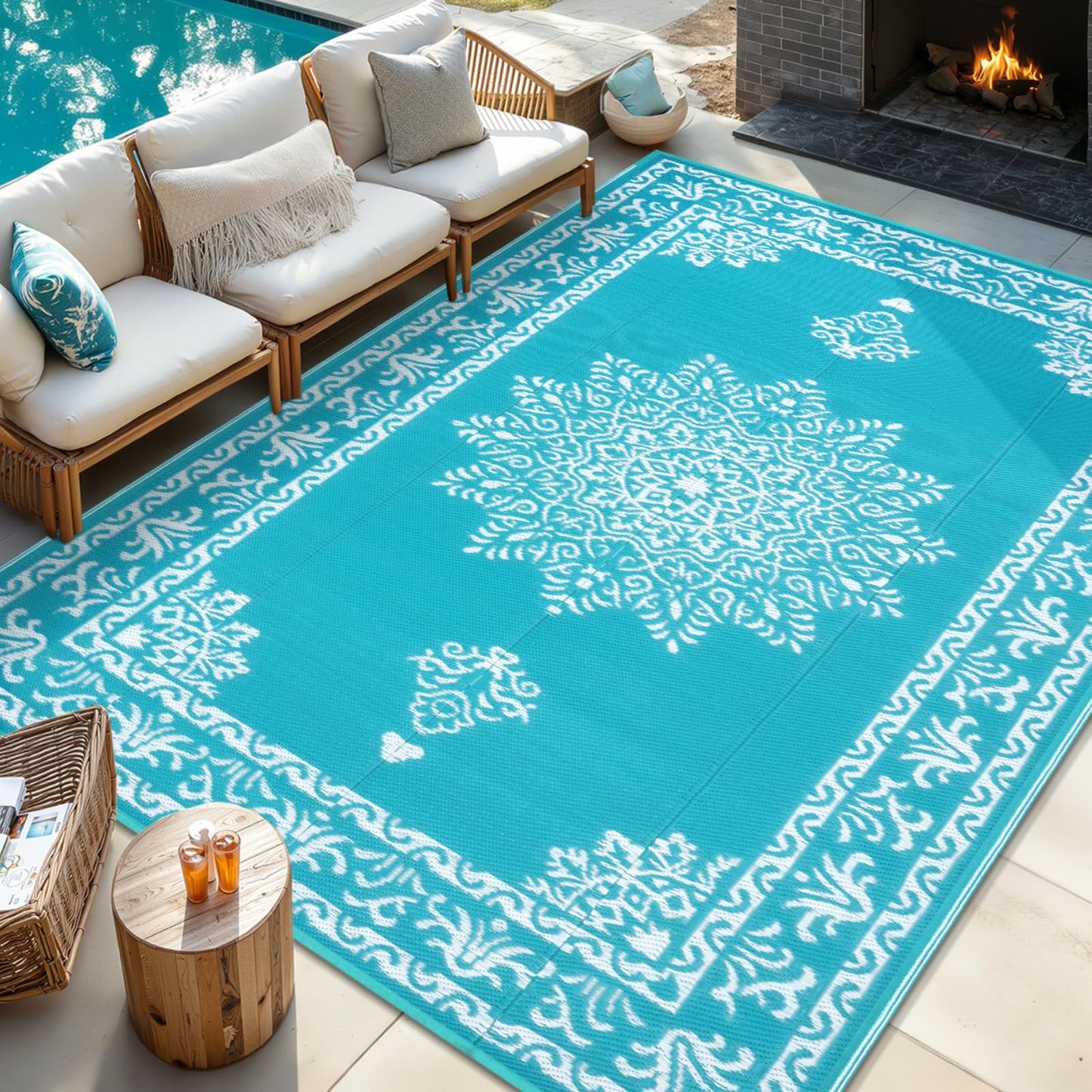 Yamaziot Outdoor Rug 8x10 Ft, Waterproof Plastic Straw Patio Rug, Reversible Backyard Carpet UV Resistant Portable RV Mat Clearance, Large Indoor Outdoor Rug for Patio, Porch, Deck, Balcony, Teal