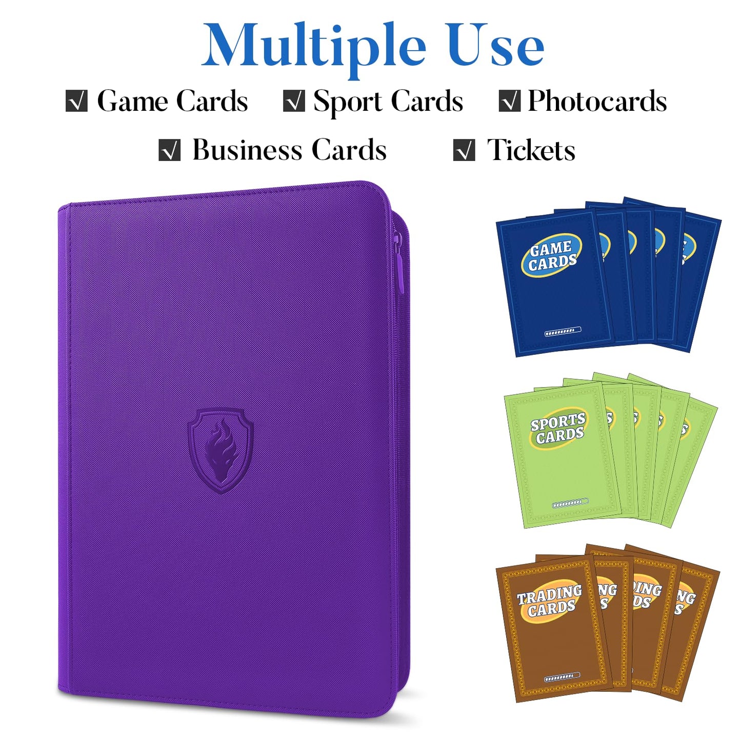 Premium Zip Card Binder, Fabmaker 9 Pocket Trading Card Binder, PU Cover Zipper Card Collection Album, Sturdy 360 Side-Loading Card Folder Holder for Game & Sports Cards, Purple