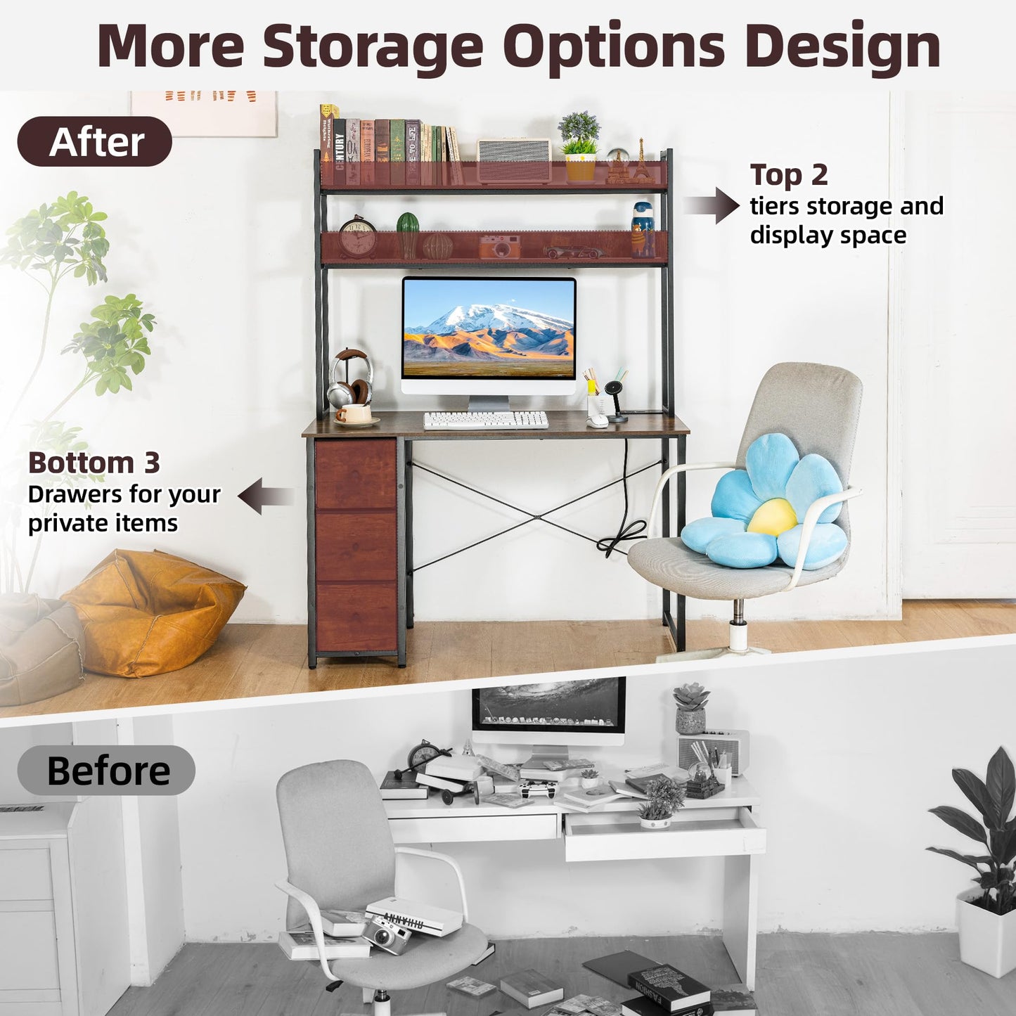 Aquzee Computer Desk with Drawers, 47 inch Desk Hutch, Gaming Desk with Storage Shelves, Power Outlets & Bookshelves, Study Writing Desks for Bedroom Living Room Home Office, Rustic Brown