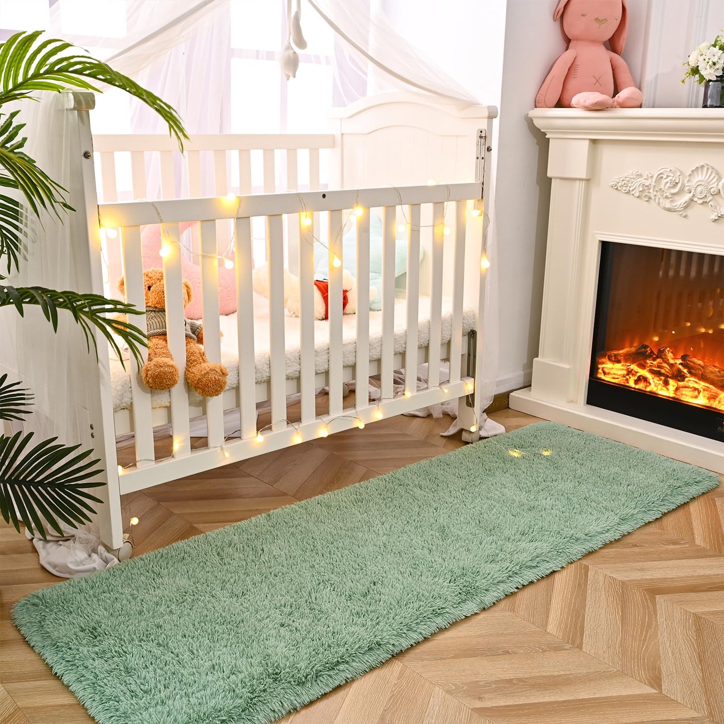 DweIke Fluffy Sage Green Runner Rugs for Bedroom, 2x6 Feet Soft Plush Long Runners for Girls Boys Kids, Non-Slip and Machine Washable Bedside Rug, Small Throw Carpet for Hallway Rooms Decor