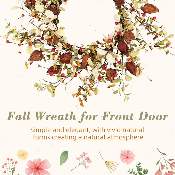 YNYLCHMX 18" Fall Wreaths for Front Door, Artificial Autumn Wreath, Fall Wreath with Eucalyptus Leaves and Berries for Home Porch Window Wall Farmhouse Decor, Indoor Outdoor, Holiday Decor