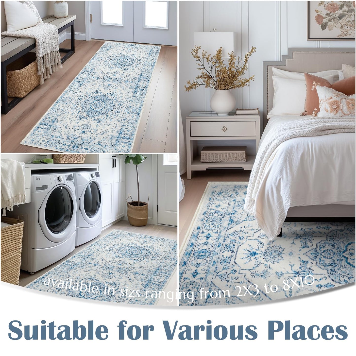 jinchan Area Rug 5x7 Medallion Floral Washable Rug Non Slip Vintage Soft Carpet for Living Room Bedroom Dining Room Distressed Blue