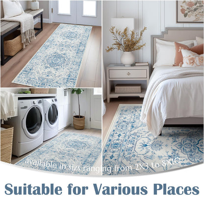 jinchan Area Rug 5x7 Medallion Floral Washable Rug Non Slip Vintage Soft Carpet for Living Room Bedroom Dining Room Distressed Blue