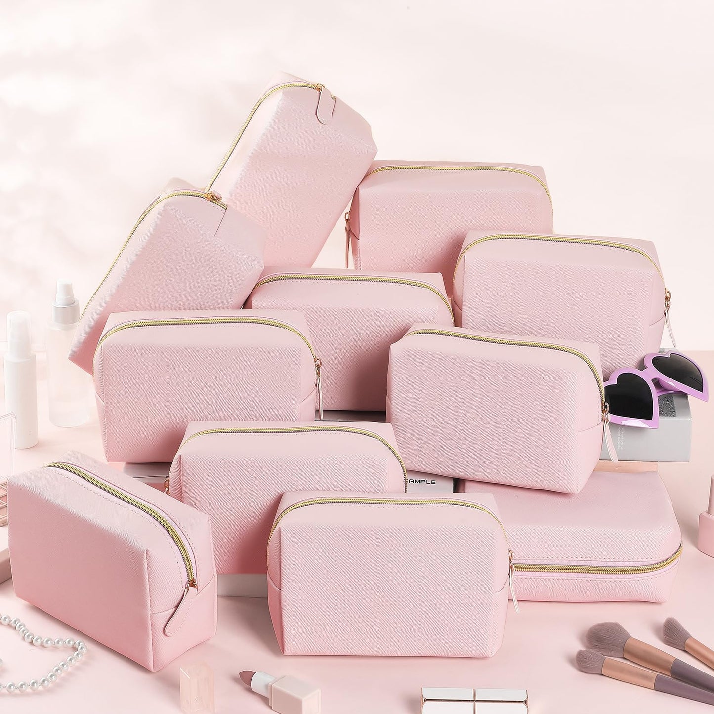 Kigeli 20 Pcs Small Makeup Bag Bulk PU Leather Cosmetic Bags with Zipper Preppy Makeup Pouch Toiletry Bag for Women Wedding Bachelorette Party Gift Travel Storage Organizer (Light Pink)