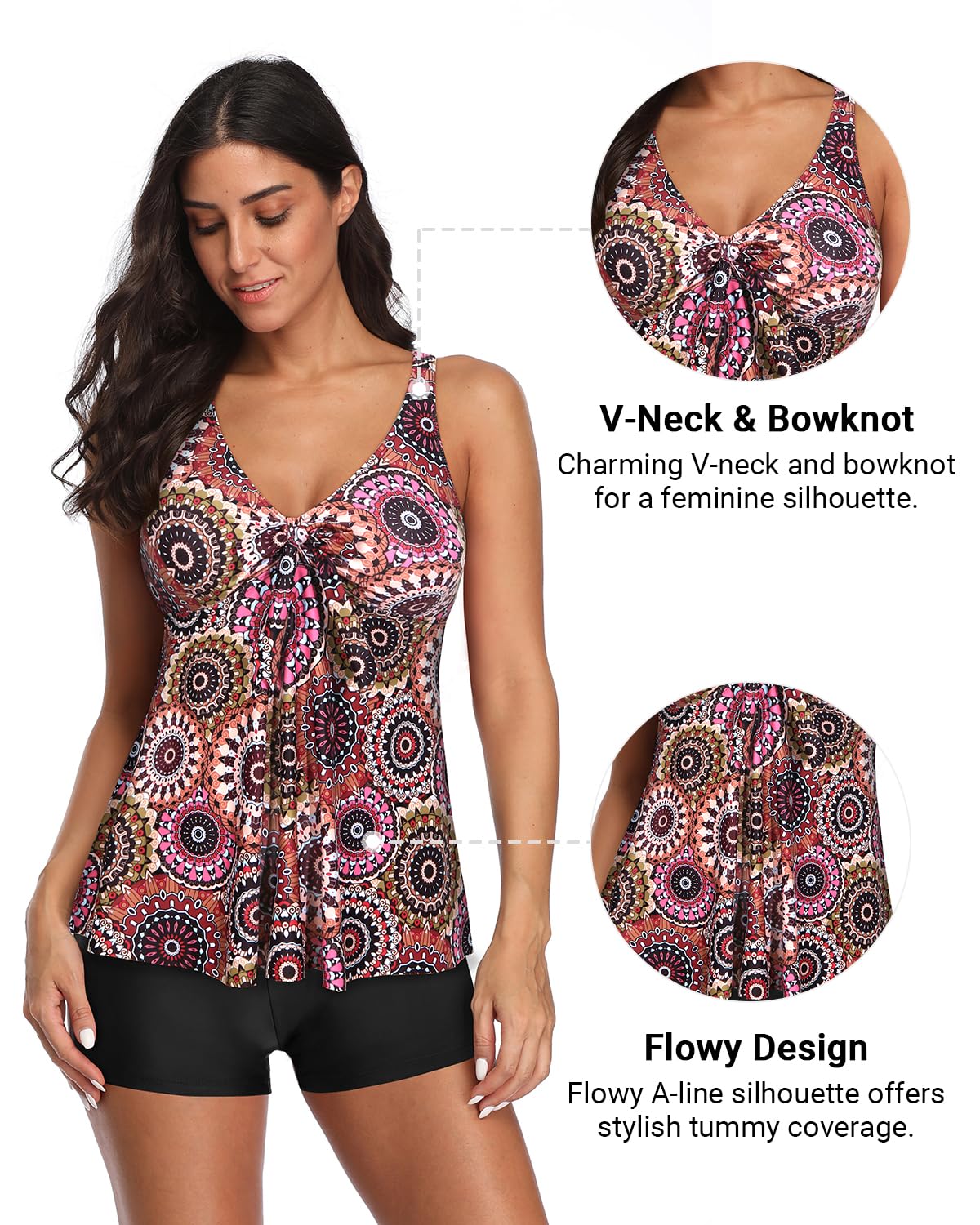 Yonique Women 2 Piece Flowy Tankini Swimsuits with Boyshorts V Neck Swim Tank Tops Bathing Suits Modest Swimwear Mandala L