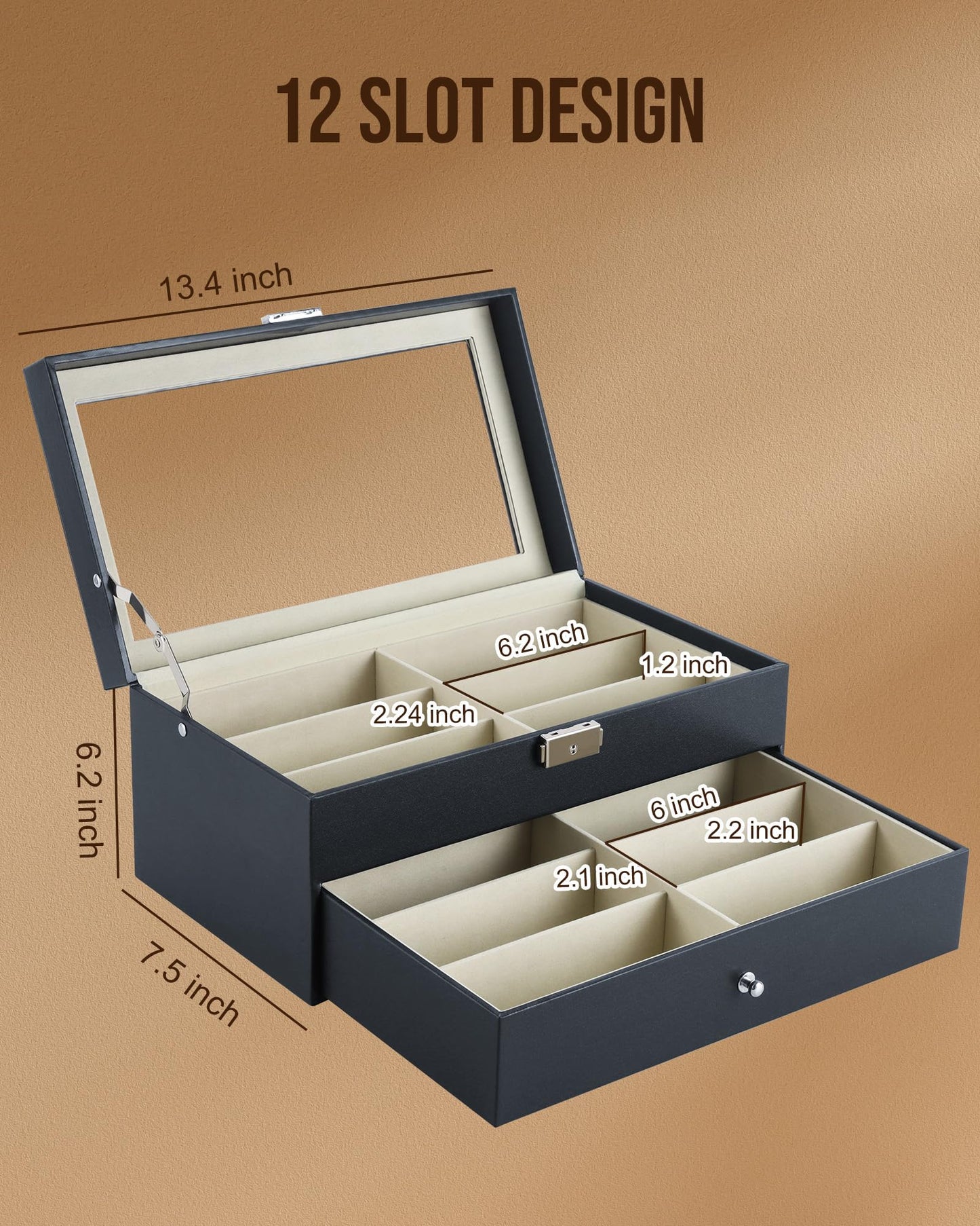Anfrere 12 Slot Sunglasses Organizer, Lockable Leather Multi Eyeglasses Organizer with Drawers, Eyeglass Frames with Clear Glass Covers for Watch Jewelry Collection, Black