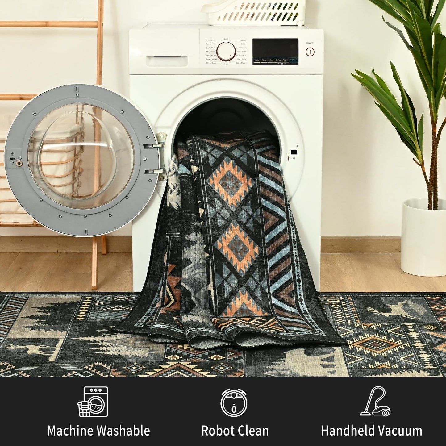 HOMORE Rustic Cabin Living Room Rug 5x7, Washable Southwestern Area Rug Geometric Carpet with Bear Print, Western Rugs for Bedroom Dining Room,Black