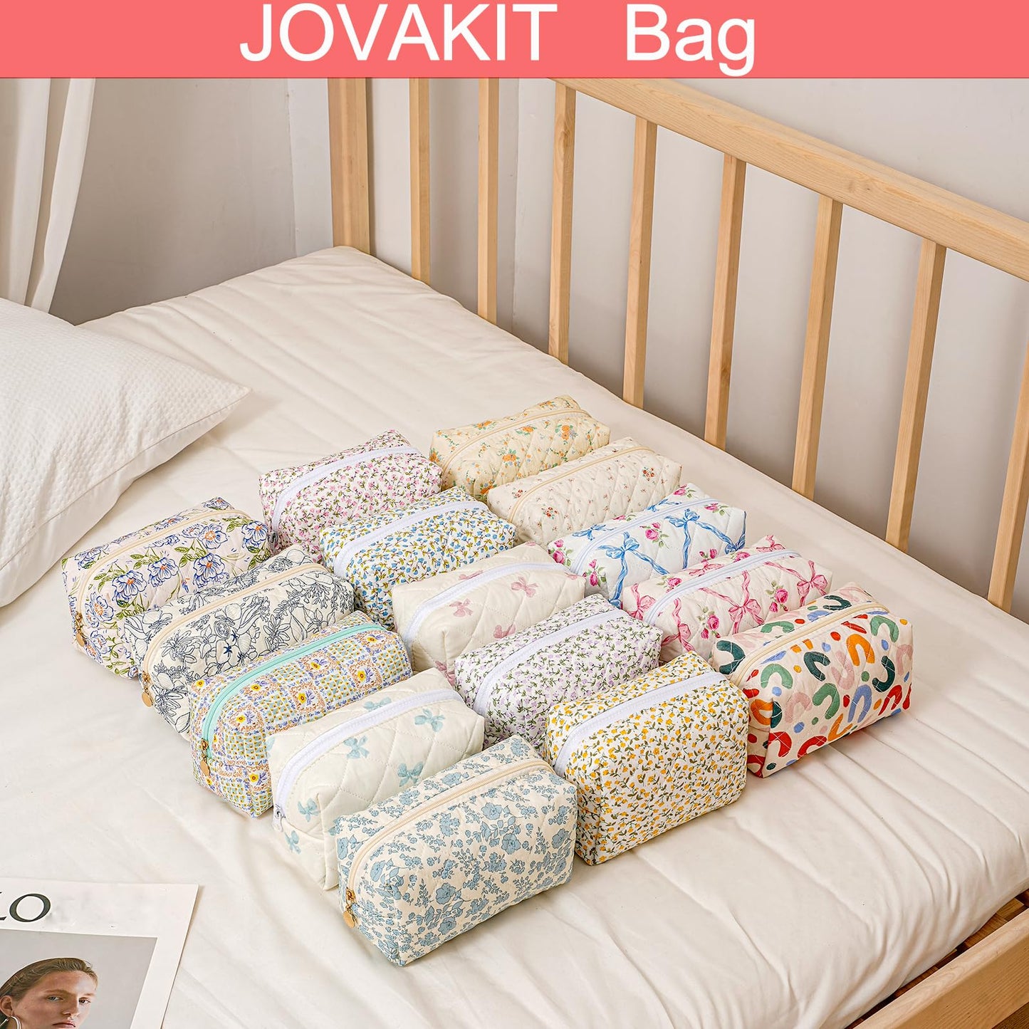 JOVAKIT Square Makeup Bag Cute Cosmetic Bag for Women, Floral Coquette Aesthetic Toiletry Bag, Zipper Make Up Pouch, Travel Make Up Organizer Bag (Pink Floral)
