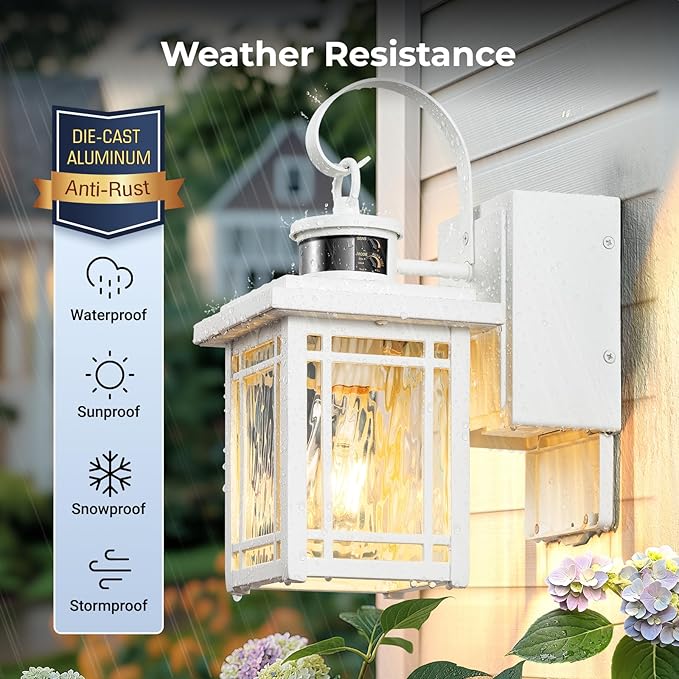 Outdoor Porch Light with GFCI Outlet, White Exterior Lighting Fixtures Wall Mount, Motion Sensor Outdoor Wall Sconce, Anti-Rust Coach Lights for Garage, Modern Patio Lantern Lights for House