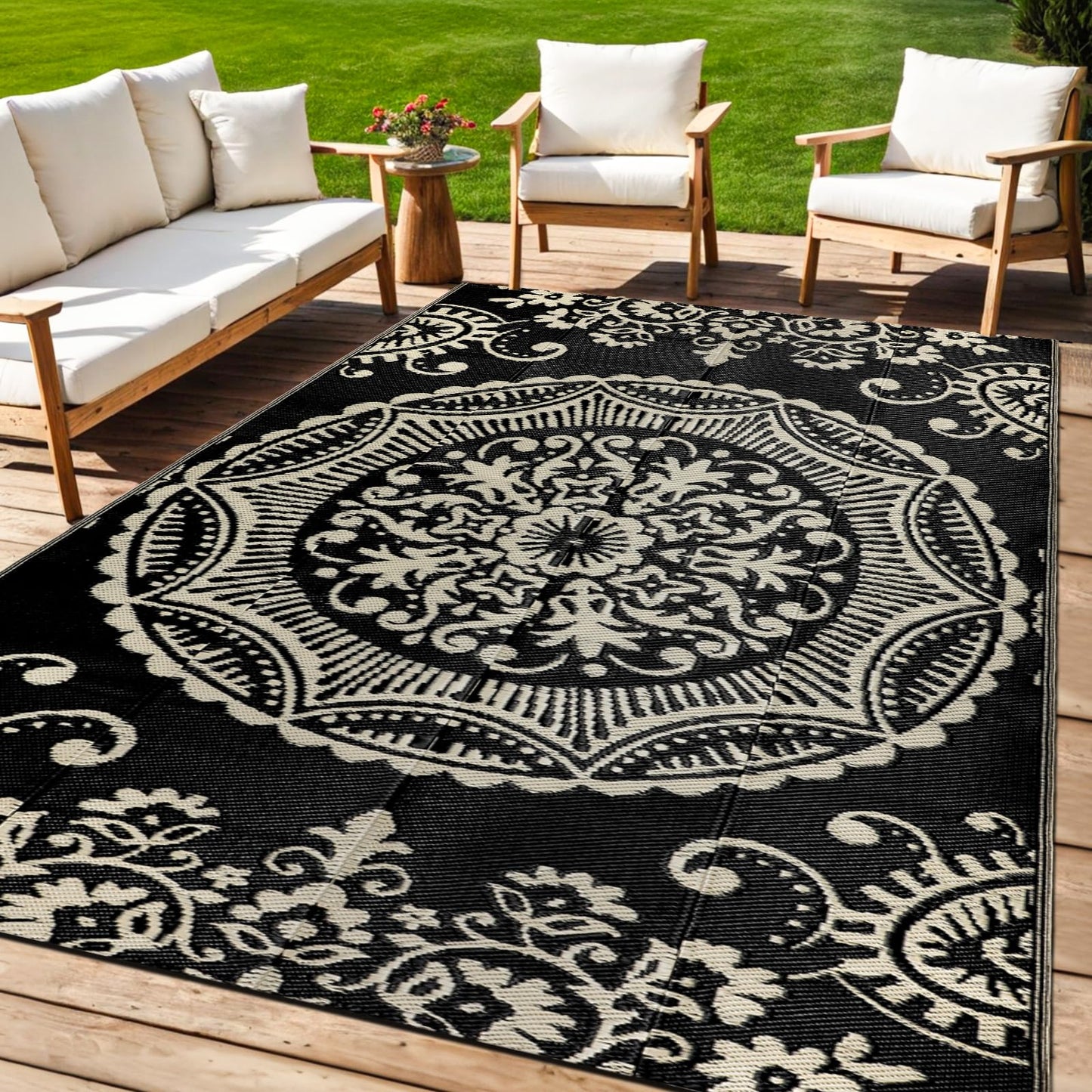 Capslpad 5x8 Outdoor Rug Waterproof Camel Boho Floral Patio Carpet Portable Plastic Straw Rug Foldable Outside Carpet with Carry Bag for RV Backyard Balcony Bench Picnic Porch