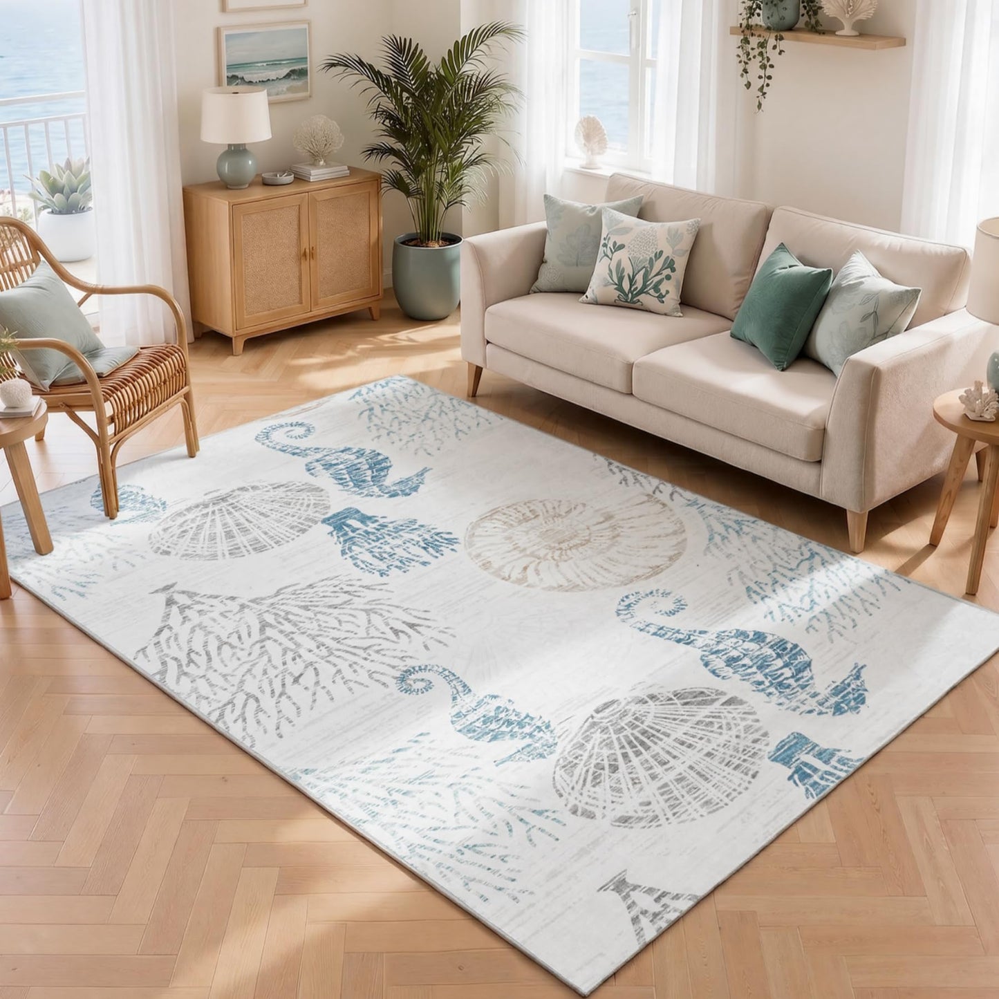 Tribesigns Boho Coastal 5x7 Washable Area Rugs for Living Room, Soft Non-Slip Rugs for Bedroom Dining Room, Large Ultra Thin Printed Carpet for Ocean Beach Dorm Kids Room Office Decor