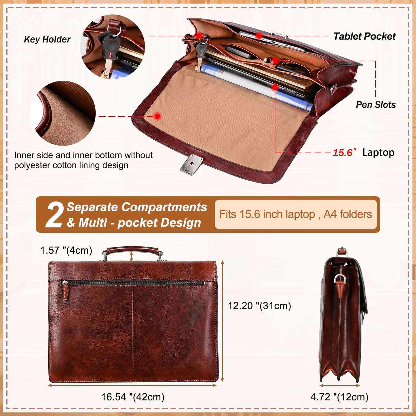 Banuce Italian Full Grain Leather Briefcase for Men Fits 15.6 Inch Laptop Office Work with Anti-theft Lock and Luggage Strap for Business Travel Brown