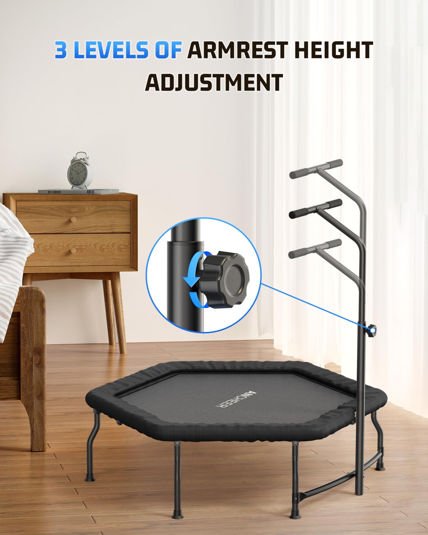 ANCHEER 50" Rebounder Trampoline for Adults- 2025 Foldable Mini Trampoline with Bar- Exercise Trampoline for Adults, Max Load 560lbs, for Indoor/Garden Workout