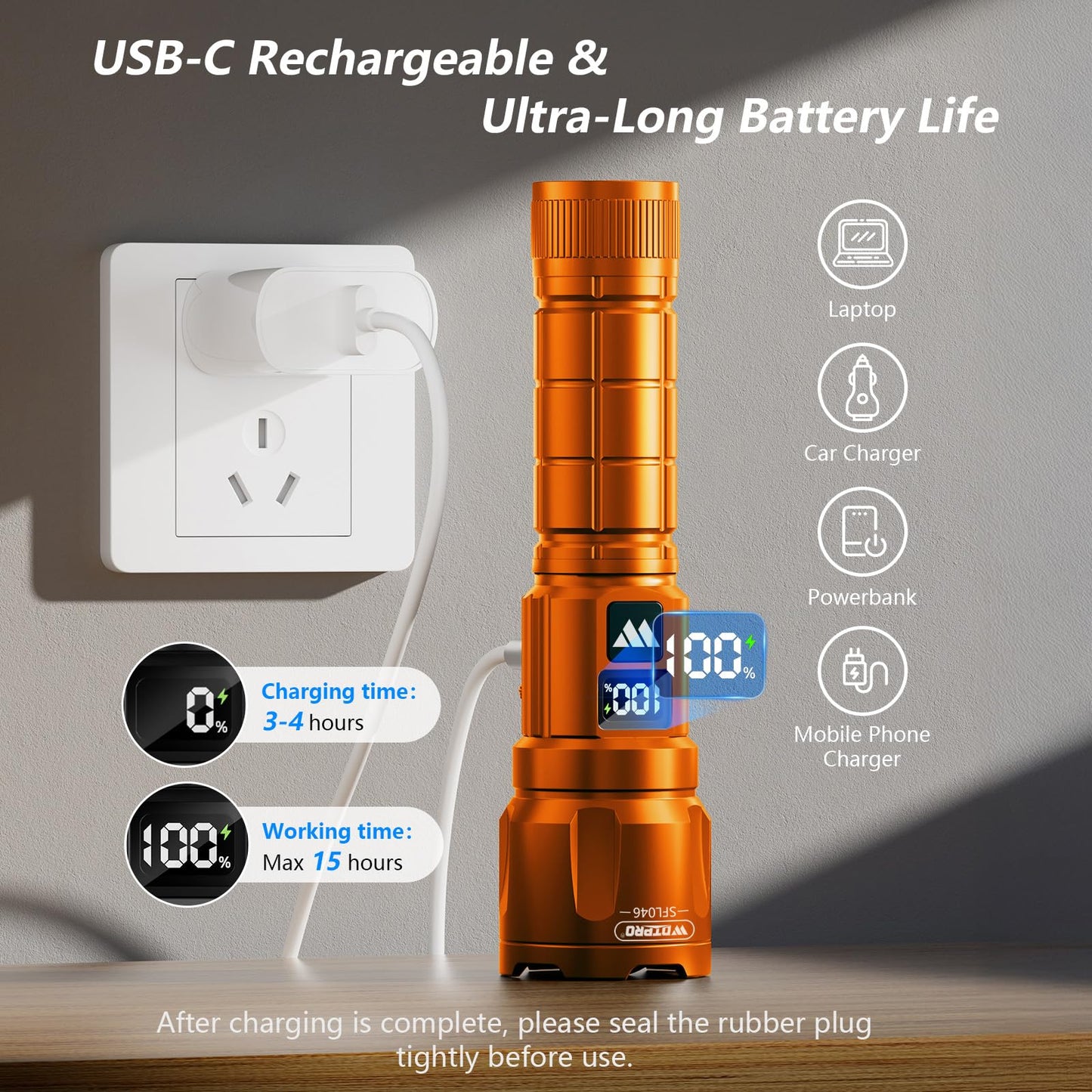 Wdtpro LED Rechargeable Flashlight 2 Pack, 3 Modes Super Bright High Lumens Flashlights, Zoomable Tactical Flash Light with LCD Display, IP65 Waterproof Flashlights for Home Emergency Camping - Orange