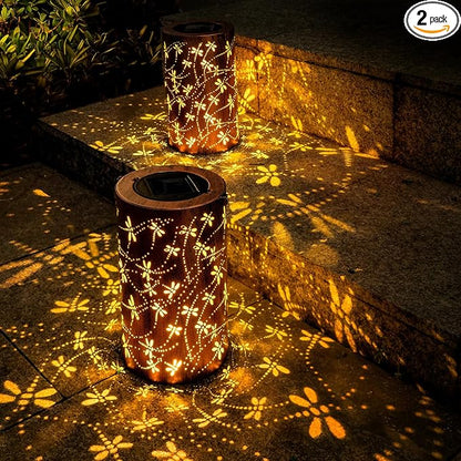 Boho Solar Lanterns Outdoor 2 Pack - Birthday Gifts for Women Mom Grandma Metal Hanging Solar Powered Unique Garden Decorative LED Lights for Outside Yard Patio(Dragonfly 2 Pack)
