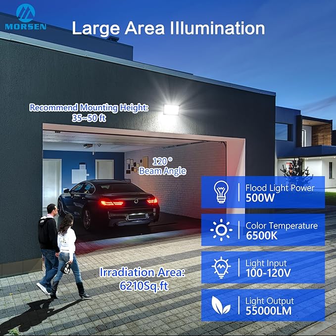 MORSEN 500W Flood Lights Outdoor, 60000lm Bright LED Work Light with Plug, 6500K Daylight White LED Flood Lighting, IP66 Waterproof Security Yard Lights for Yard Garage Stadium 2 Pack