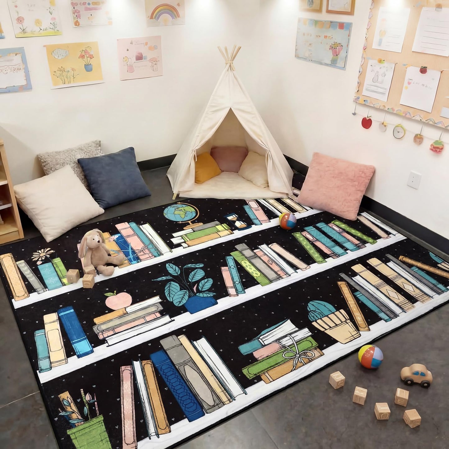 Breling 6 x 9 ft Bookshelf Reading Nook Rug Calming Corner Rug, Library Themed Classroom Floor Quote Non-Slip Reading Corner Emotion Soft Fluffy for for Classroom, Preschool, Playroom