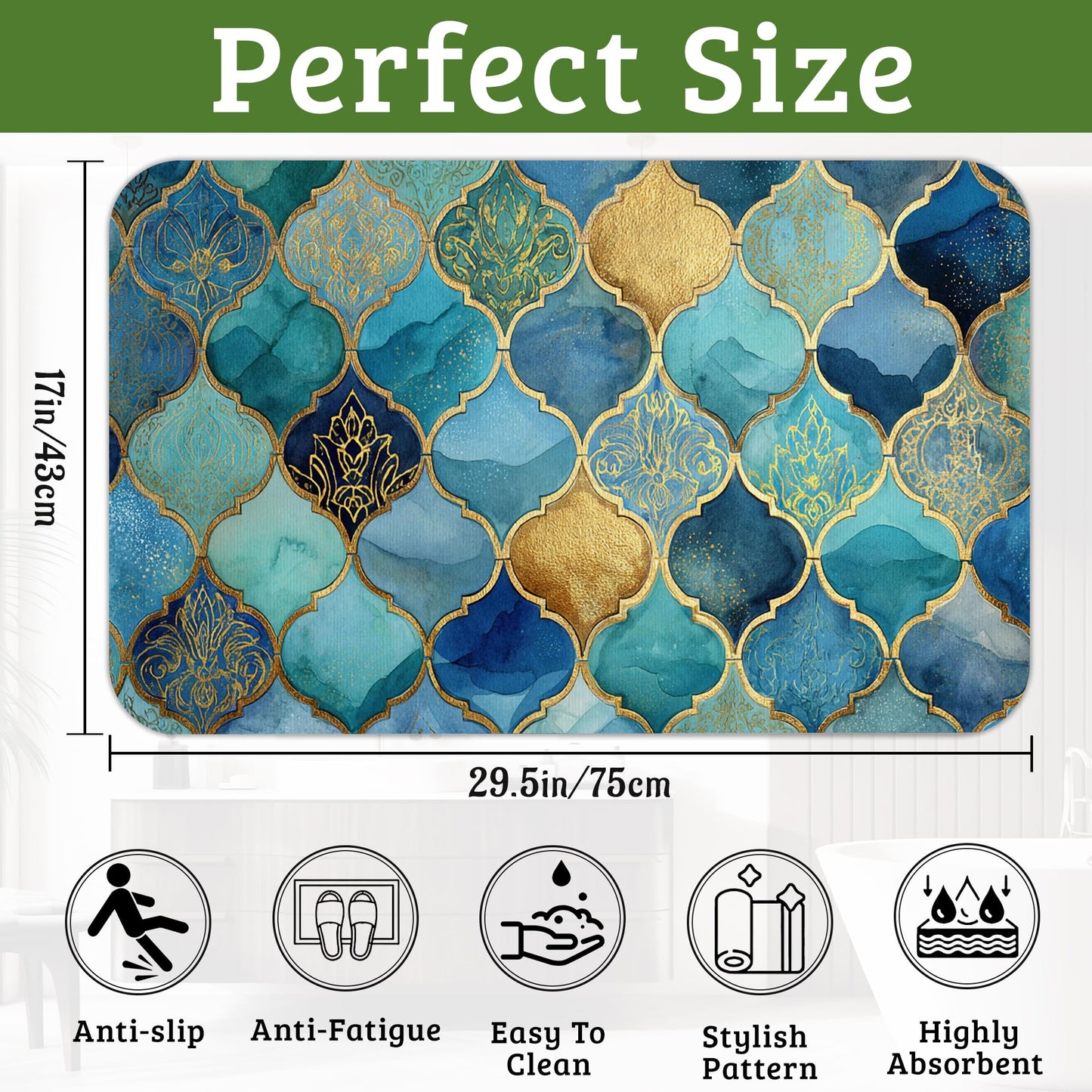 NSMNSM Moroccan Mosaic Bathroom Rugs Mat Non Slip Washable Quick Dry Absorbent Thin Bathroom Rug-Bath Mats for Bathtub, Sink, Shower Room, Christmas Decorations, 17"x 29.5"