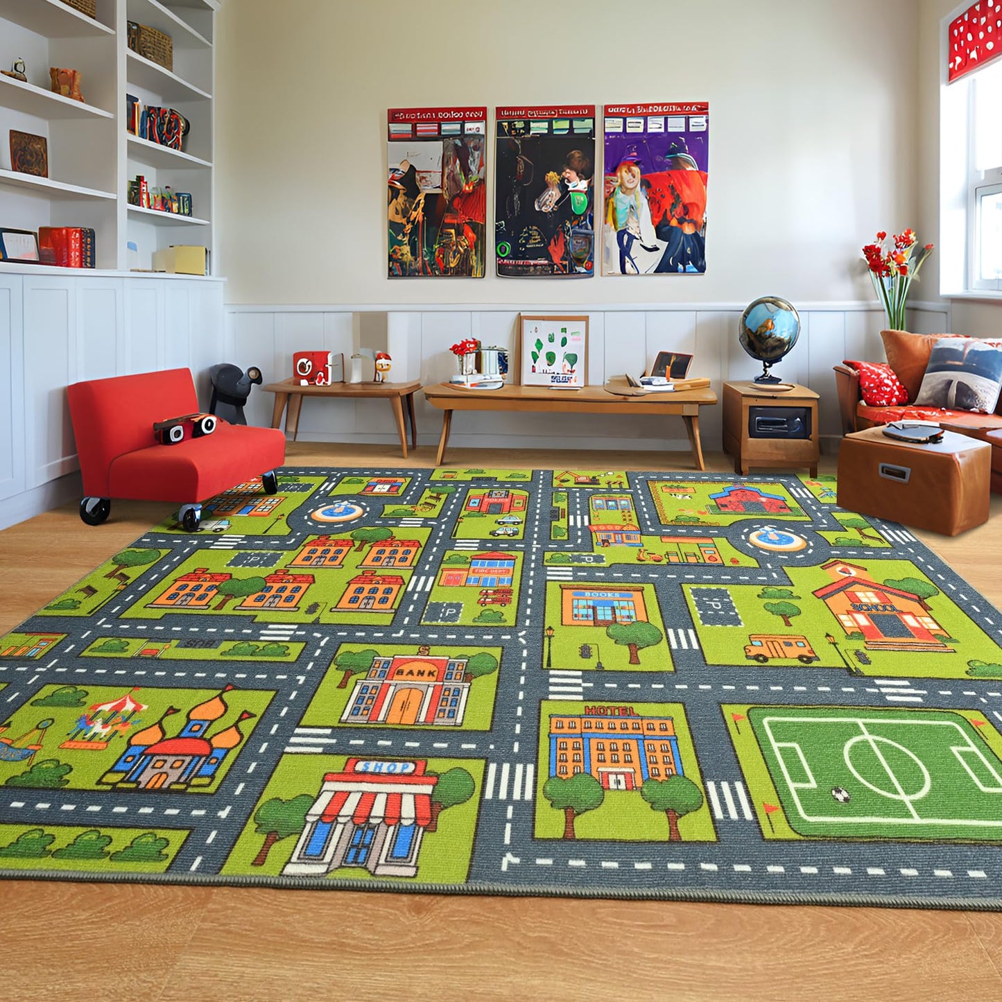 Merelax 5x8 Kids Car Area Rug, Grey Green Area Road Rugs for Living Room Playroom Classroom Bedroom, Non Slip Kids Play mat, Washable Rug, Educational City Traffic Map Fun Car Carpet for Ages 3-12