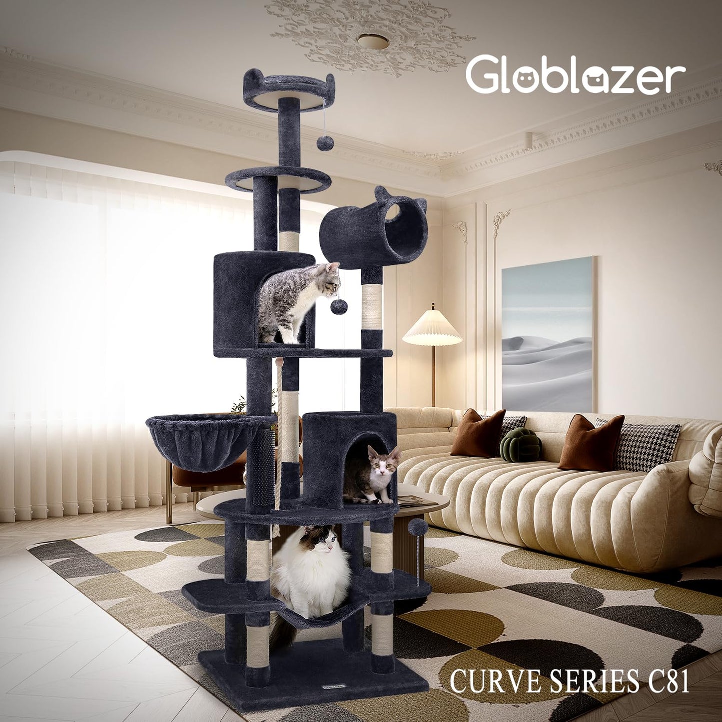Globlazer Artistic Curved Cat Tower for Small Cats (Under 12 lbs), 81-inch Slim Design Cat Tree with Space-Saving Design, Indoor Cat Condo with Hammock & Tunnel, C81, Dark Gray, Non-Large Cats