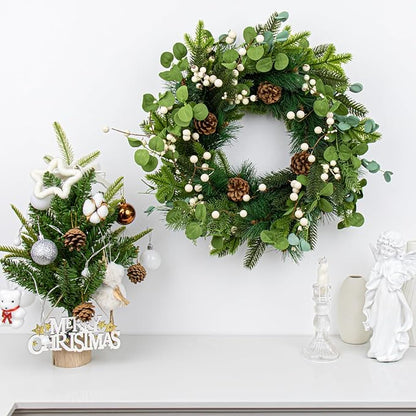 20 Inches Vintage Christmas Wreath Classic Christmas Wreaths for Front Door Rustic Holiday Winter Wreath with White Berry Pine Cones for Doors Windows Indoors Outside Hanging Decoration