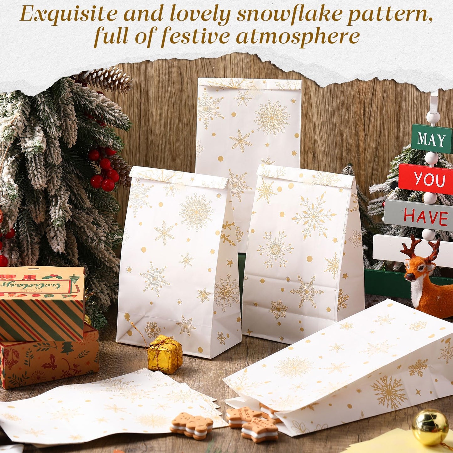 Cholemy 120 Set Winter Christmas Snowflake Gift Bags with Snowflake Sealing Stickers Winter Paper Goodies Treat Cookie Snack Bags for Xmas Holiday Party Favors