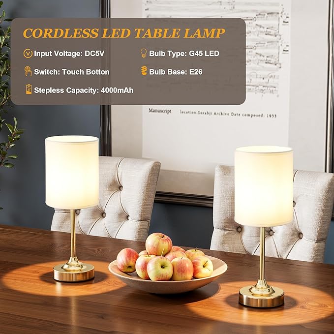 Touch Control Cordlss Table Lamp, USB-C Rechargeable Lamp with Stepless Dimming, 4000mAh Battery Operated Vintage Bedside Lamp for Bedroom, Living Room, Night Light & Emergency Lighting, Brass, 2 Pack